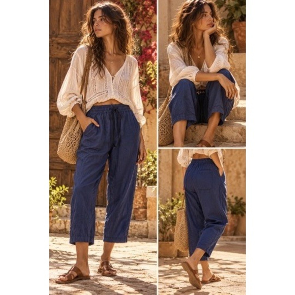 Pilcro and the Letterpress Navy Linen Cotton Blend Relaxed Crop Pants Small